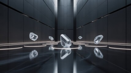 Floating crystals in a futuristic, dark, and reflective environment