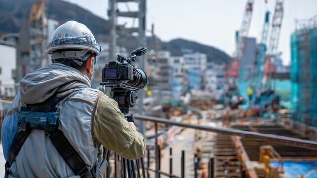 Behind the Lens: A videographer stands poised, camera in hand, documenting the bustling activity and intricate details of a construction site. capturing the scene with professional precision