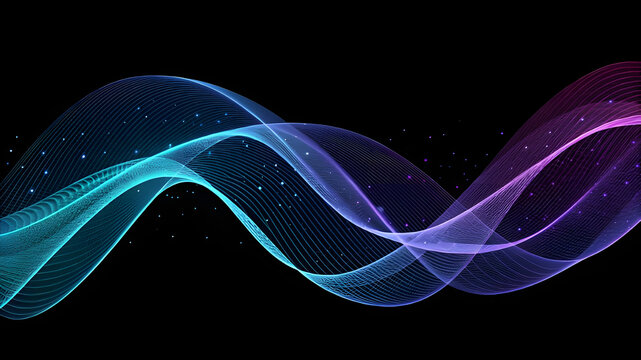 Abstract neon waveform with particles on black background