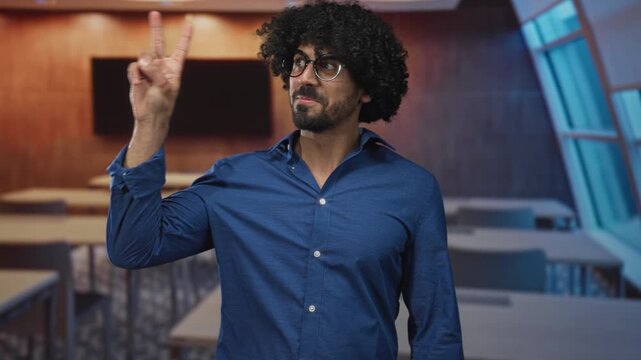 Man wearing blue shirt and glasses forming peace sign with both hands while smiling in classroom; optimism playful curiosity.