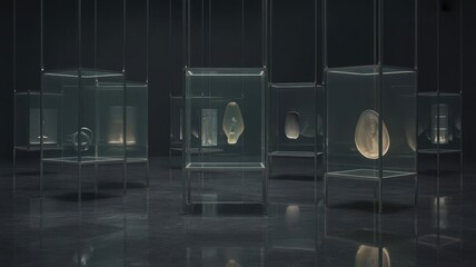 Collection of artifacts displayed in transparent glass boxes