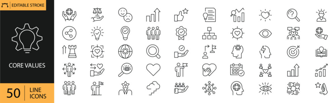Core values icons set. Includes symbols of integrity, teamwork, respect, innovation, accountability, and trust. Editable stroke. Vector illustration. Outline icons. Perfect for business.