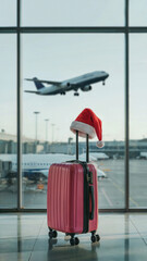 Pink suitcase with Santa hat at airport, concept of holiday travel season