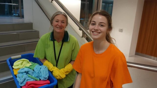 Cleaning Crew's Bright Smile: Two friendly, smiling cleaning crew members stand ready with a vibrant blue bucket filled with cleaning supplies next to a staircase.