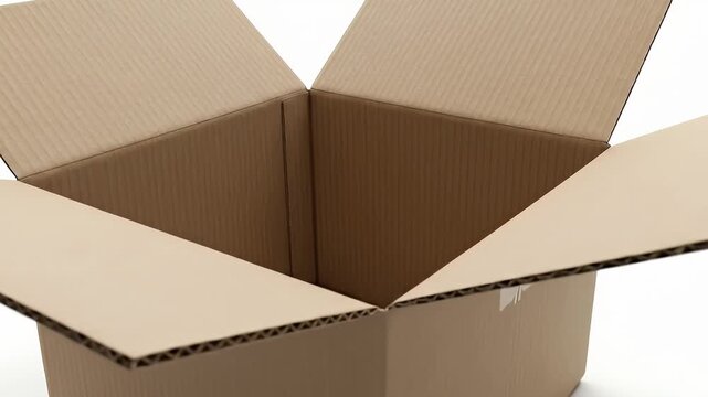 A perfectly isolated, open cardboard box stands empty against a clean white background, presenting a versatile and pristine visual. The sturdy, corrugated brown carton features crisp edges and a clear