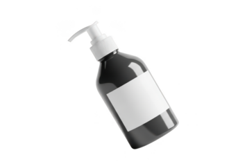 Glossy dispenser bottle with blank label isolated on black background for mockup design isolated on transparent background