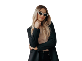 Young businesswoman wearing white cat-eye sunglasses and black blazer with hand on chin isolated on transparent background