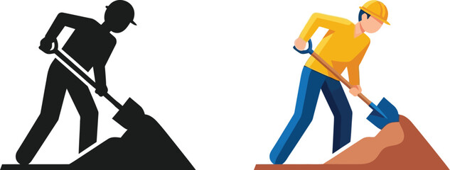 Construction worker digging with a shovel shown in color and silhouette styles © Design lens