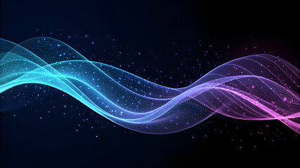 Abstract glowing wave of light particles on dark background