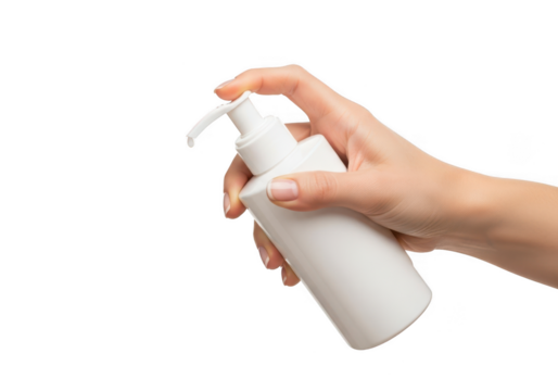 Hand holding white lotion pump bottle with drop of liquid dispensing on black background isolated on transparent background