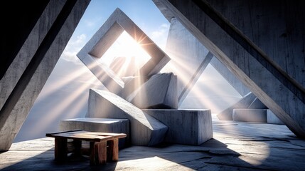 An abstract architectural scene featuring geometric concrete shapes and a small wooden table, illuminated by dramatic sun rays breaking through the sky.