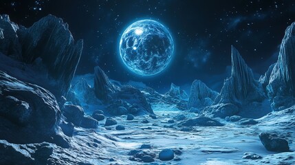 A stunning view of an icy moon landscape illuminated by a blue planet.