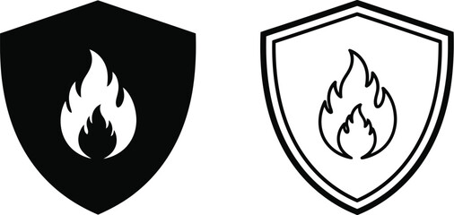 Two shield icons with a flame symbol one black and one outlined
