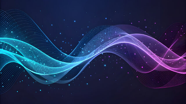 Abstract glowing waves of cyan and magenta light with particles