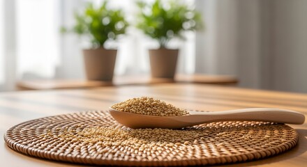 Wooden spoon with raw organic quinoa seeds on a rustic table. Concept for healthy eating, vegetarian diet, and wholefood nutrition