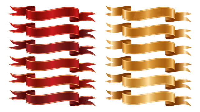 Festive banners, golden ribbons and red ribbons for celebrations and design needs