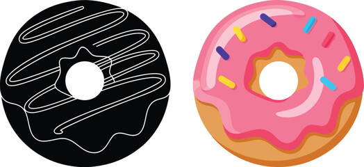Two donuts illustrated one chocolate and one pink with sprinkles