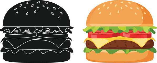 A colorful hamburger and its black and white line art counterpart shown