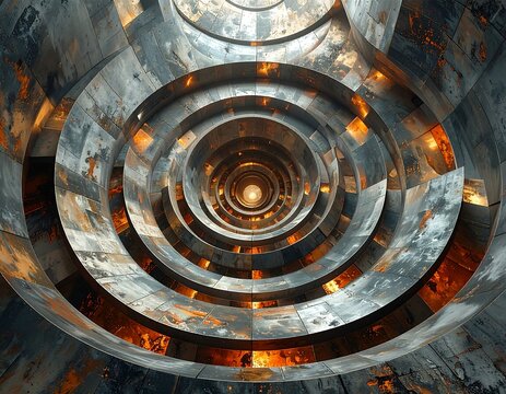 Futuristic circular tunnel of metal and fiery light - Powered by Adobe