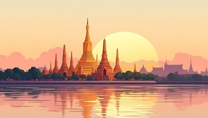 Naklejka premium Flat vector illustration of Bangkok’s Wat Arun temple at sunset, golden spires reflecting on the river, soft gradient sky, minimal clean geometric shapes, vibrant cultural mood, modern travel style.