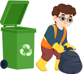 Illustration of Man Collecting Garbage with Recycling Bin