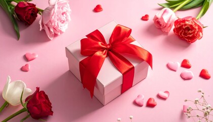 Red rose and festive gift box with ribbon and bow for Christmas, birthday, or Valentine's Day celebration surprise