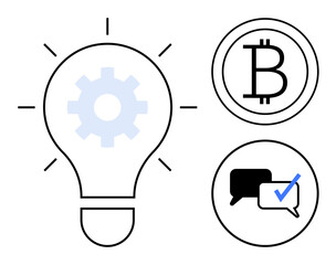 Lightbulb with cogwheel symbolizing innovation, bitcoin logo for cryptocurrency, and speech bubbles with checkmark for communication. Ideal for technology, innovation, finance, blockchain, digital