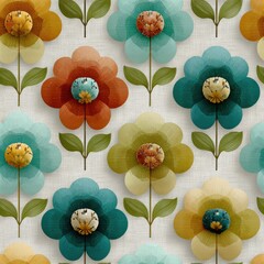 Seamless Pattern modern flowers. A vibrant floral pattern featuring stylized flowers in various colors, ideal for textiles and wallpaper designs.