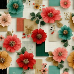 Seamless Pattern modern flowers. A vibrant floral pattern featuring colorful flowers and leaves on a textured background.