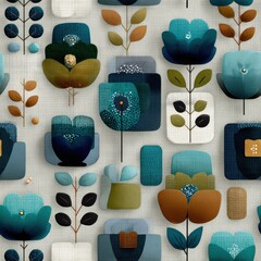 Seamless Pattern modern flowers. An abstract floral pattern featuring modern, colorful flowers and leaves in soothing blue and green hues.
