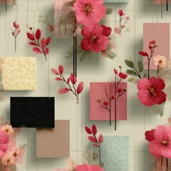 Seamless Pattern modern flowers. Colorful floral pattern with pink blossoms and abstract squares on a light background, perfect for design projects.