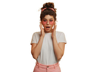 Young woman with pink sunglasses and messy bun expresses shock and surprise, isolated. isolated on transparent background