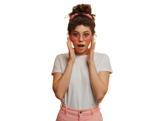 Young woman with pink sunglasses and messy bun expresses shock and surprise, isolated. isolated on transparent background