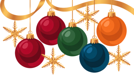 Festive Christmas ornaments and snowflakes hanging with gold ribbons for holiday cheer