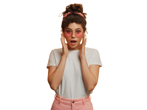 Young woman with pink sunglasses and messy bun expresses shock and surprise, isolated. isolated on transparent background