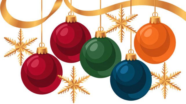 Festive Christmas ornaments and snowflakes hanging with gold ribbons for holiday cheer