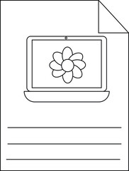 Line art displays a computer with a flower on the screen positioned above three lines on a document page corner folded