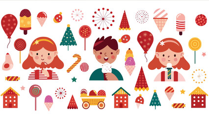 Charming celebration with sweet treats, whimsical cartoon kids enjoying candy, ice cream, lollipops, and festive decorations for a children's party