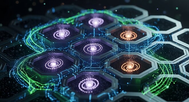 Abstract digital network structure with glowing lights and technological elements