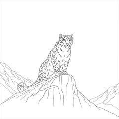 Detailed line art of a majestic snow leopard sitting on a mountain rock, isolated on white. © bima