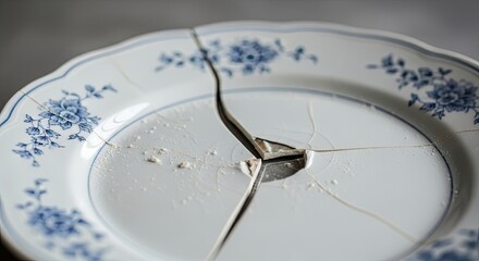 A broken ceramic plate with blue floral patterns on a white background.