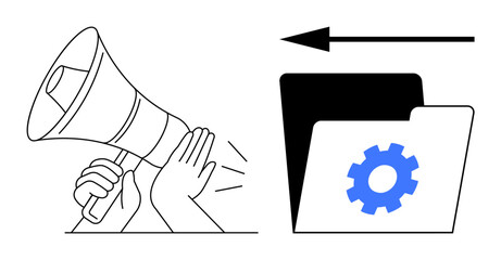 Communication and data management. Communication with a megaphone icon and data management as a folder with a gear symbol. Communication tools for workspace and information exchange, collaboration