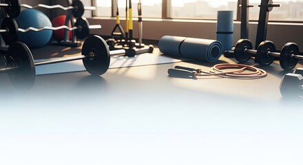 A gym equipment setup with a blue yoga mat, dumbbells, and a barbell in a spacious room with large windows.