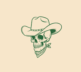 Western Skull Mascot.Cowboy Skeleton Design.Vintage Wild West Art.Rodeo Dead Head Graphic.Distressed Line Art Skull