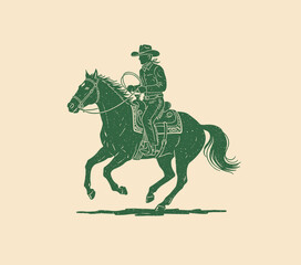 Obraz premium Western Rider on Horse.Retro Cowboy Mascot.Vintage Equestrian Print.Wild West Grunge Vector.Distressed Horse Silhouette