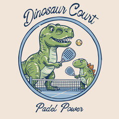 Dinosaur Padel Court Mascot.T Rex Tennis Power Badge.Cartoon Padel Sport Design.Vintage Dino Family Game.Retro Dinosaur Racket Sport © panji