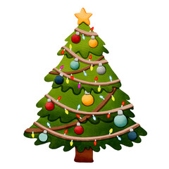 A colorful Christmas tree adorned with ornaments and lights, topped with a star, embodying festive spirit and holiday cheer. Watercolor Illustration isolated on white background.