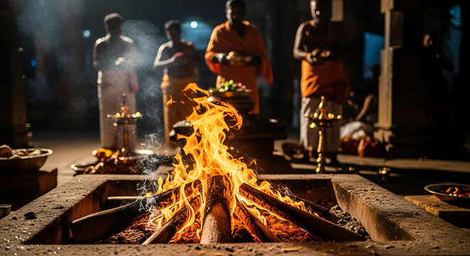 Experience the spiritual energy of a Hindu fire ceremony with vibrant flames and chanting priests offering blessings for prosperity and peace in this captivating cultural moment
