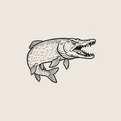 Aggressive Pike Fish Engraving.Vintage Fishing Logo Design.Retro Predator Fish Mascot.Woodcut Style Fish Illustration.Detailed Freshwater Trophy