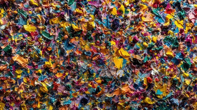 Close-up of thick, impasto oil paint textures with vibrant, multi-colored splatters and strokes, creating a chaotic yet harmonious abstract pattern.